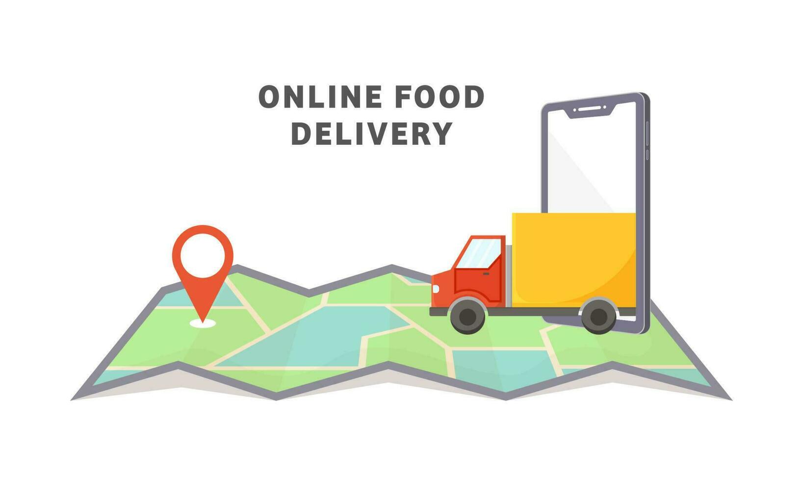Online Food Delivery Banner Design With Smartphone, Truck, Map Navigation Against White Background. vector