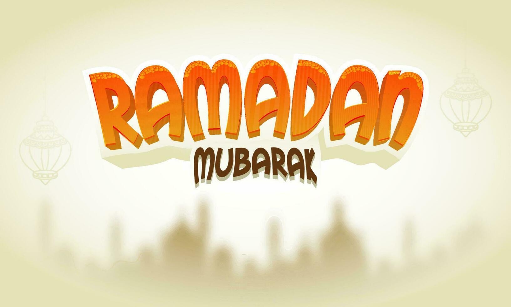Ramadan Mubarak Font On Beige Blurred Mosque Background. vector