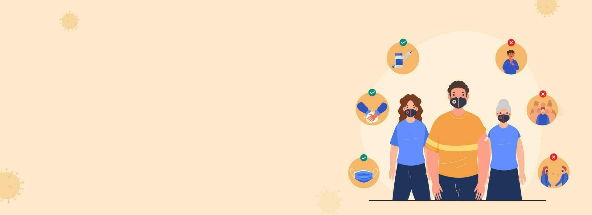 Precautions And Warning Of Covid-19 Variant With People Wearing Protective Mask On Peach Background And Copy Space. Banner Or Header Design. vector