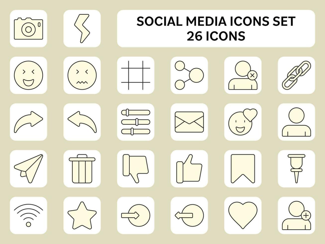 Black Linear Social Media Icon Set On Yellow And White Square Background. vector