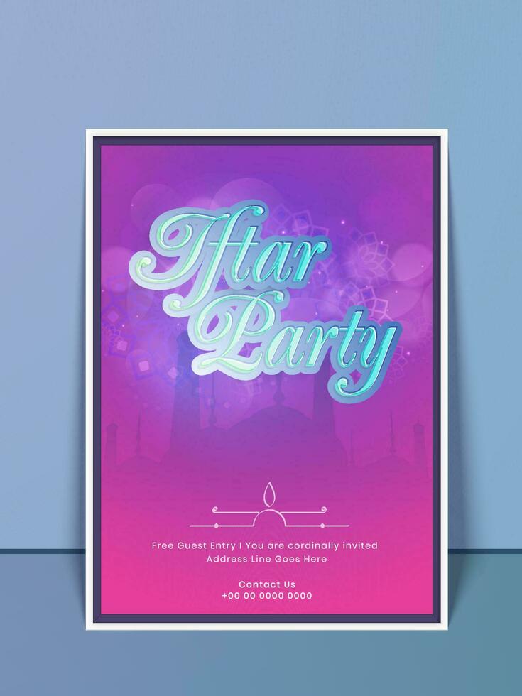 Iftar Party Invitation Card With Silhouette Mosque On Bokeh Pink And Purple Background. vector