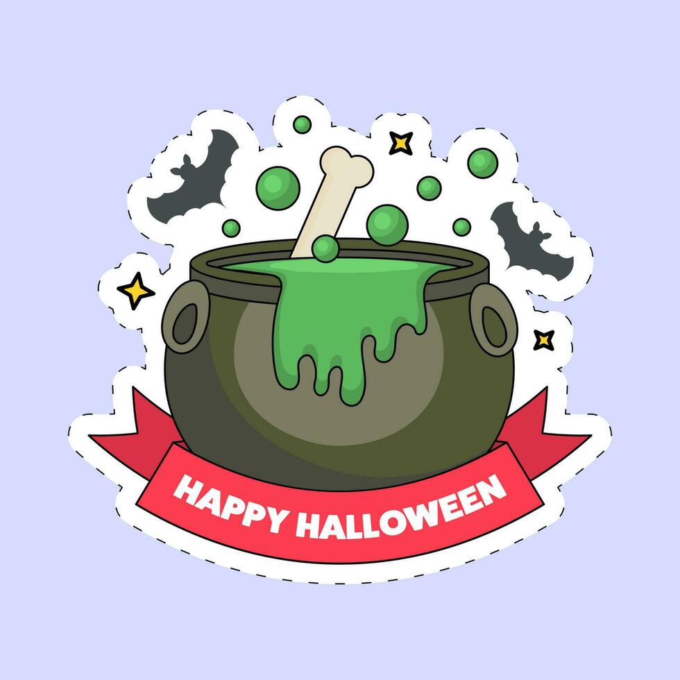 Sticker Style Happy Halloween Font With Bone In Cauldron Pot, Flying Bats On Blue Background. vector