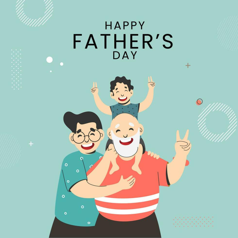 Happy Father's Day Concept With Grandson Sitting On Shoulder Of Grandfather And Man Standing Together Against Teal Background. vector