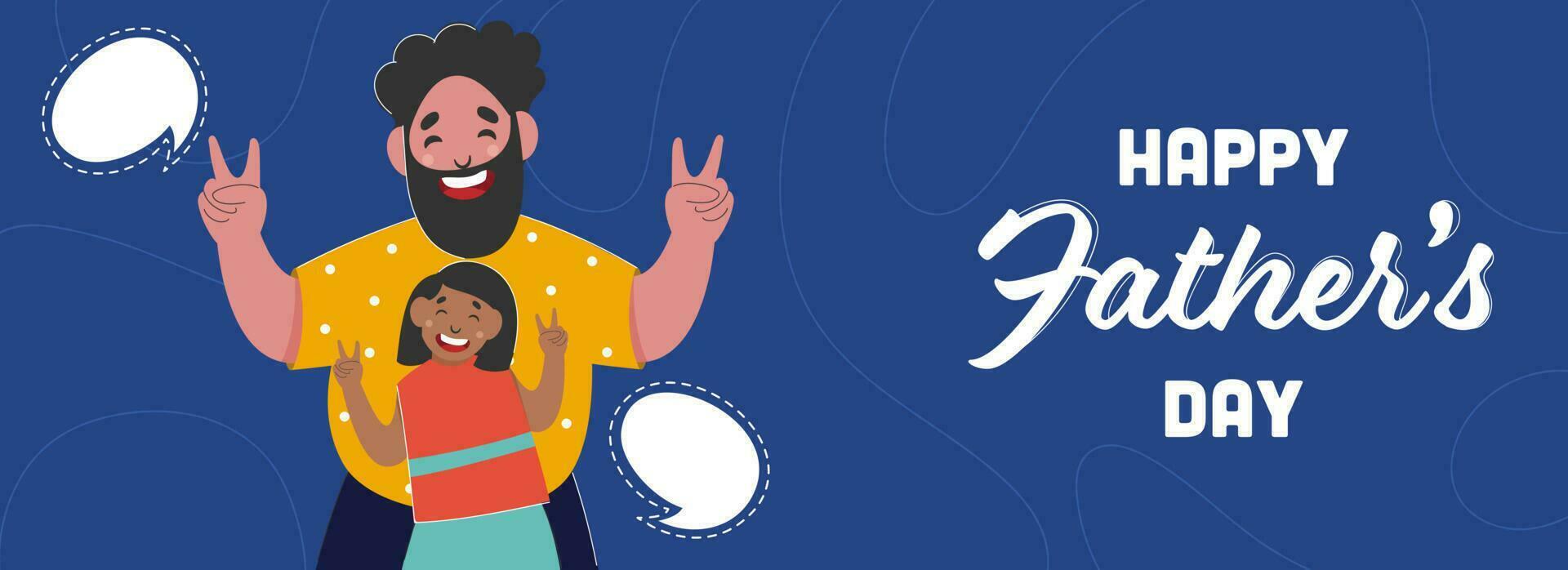 Happy Father's Day Concept With Cheerful Beard Man And His Daughter Giving Peace Sign On Blue Background. vector