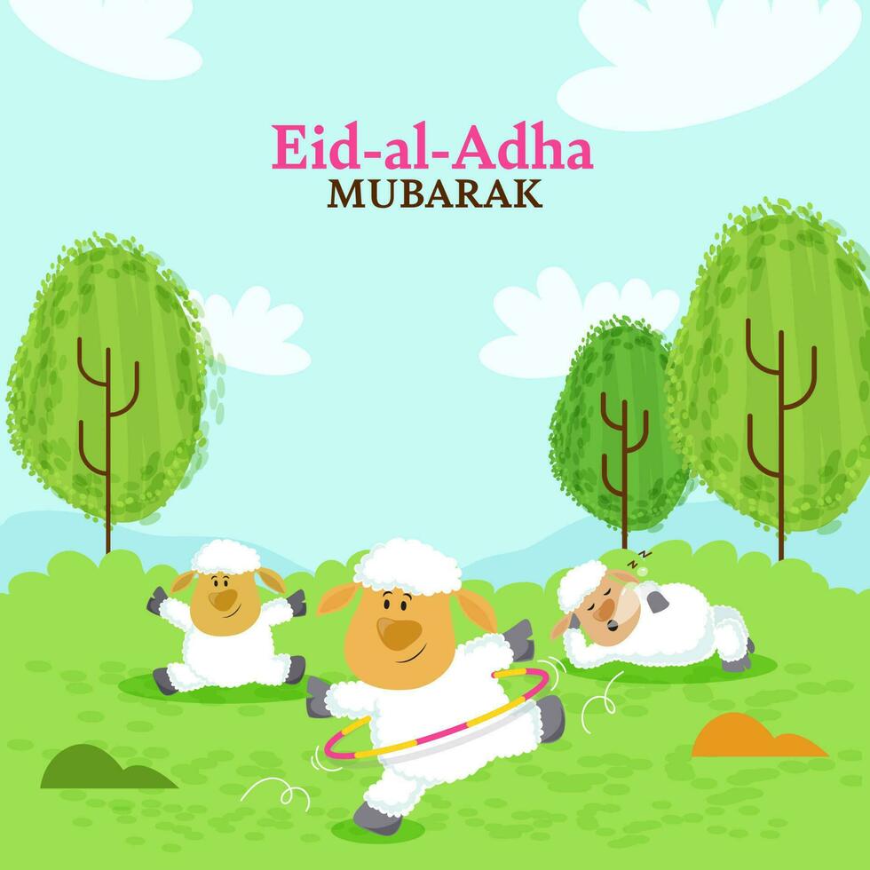 Eid Al Adha Mubarak Concept With Three Funny Sheep Enjoying On Blue And Green Natural Background. vector