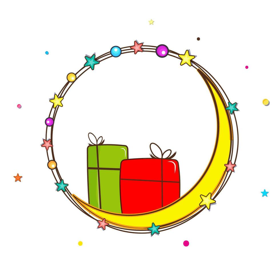 Flat Crescent Moon With Gift Boxes, Stars, Beads Decorated Circular Frame Against White Background And Copy Space. vector