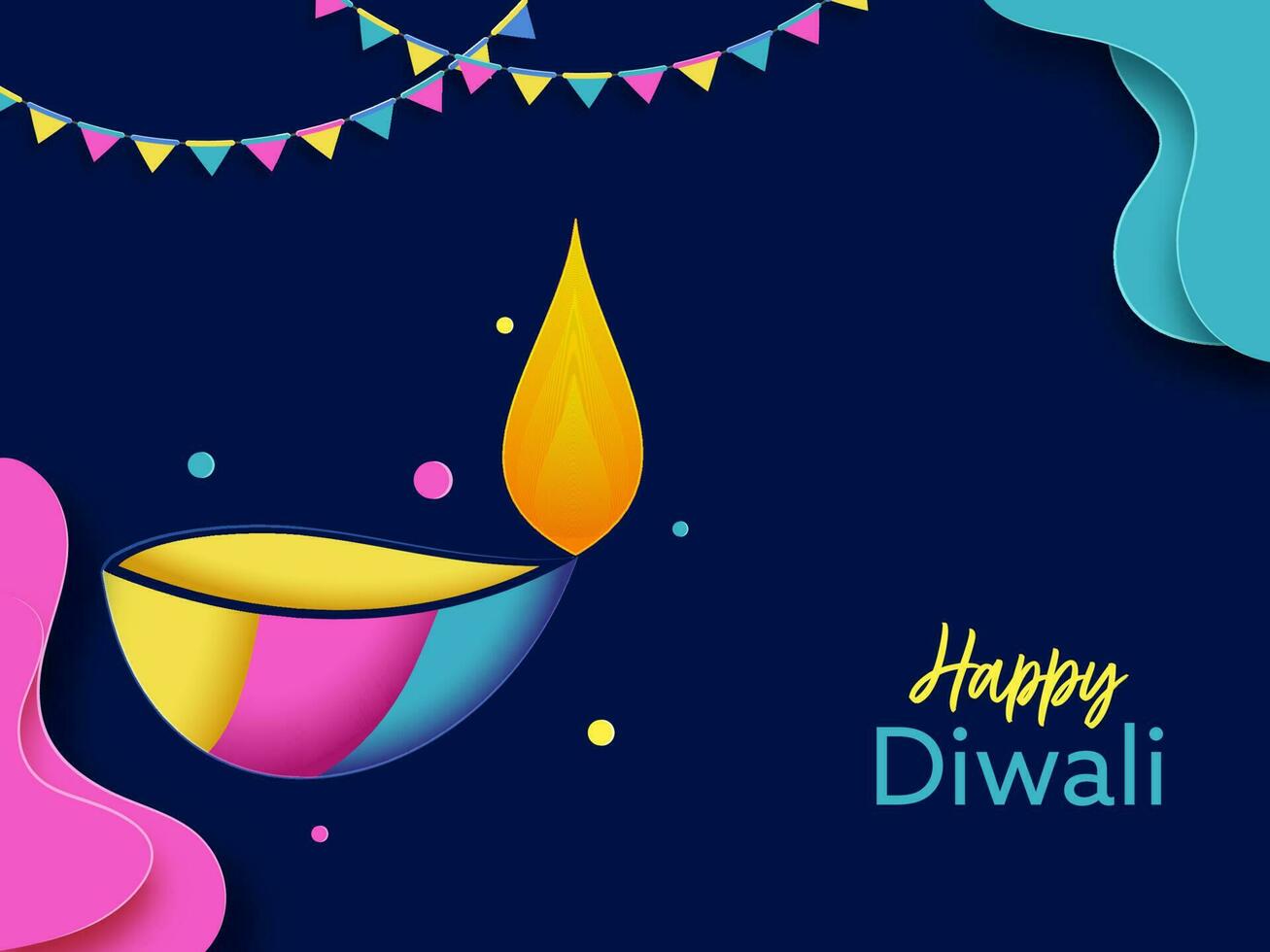 Indian Light Festival, Happy Diwali Celebration Concept with Colorful Lit Oil Lamps, Bunting Flags And Paper Cut Waves On Blue Background. vector