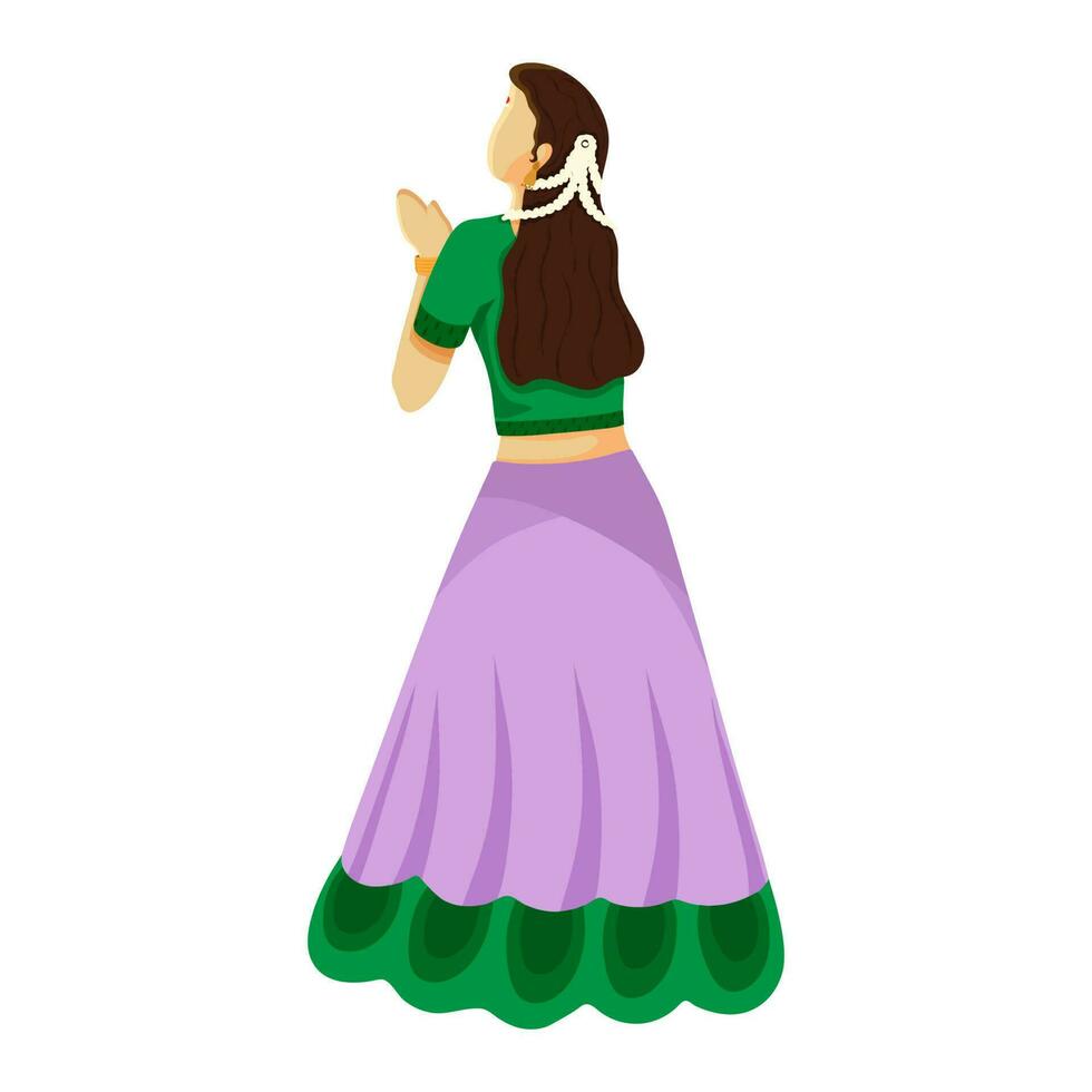 Side View Of South Indian Young Woman Doing Namaste On White Background. vector