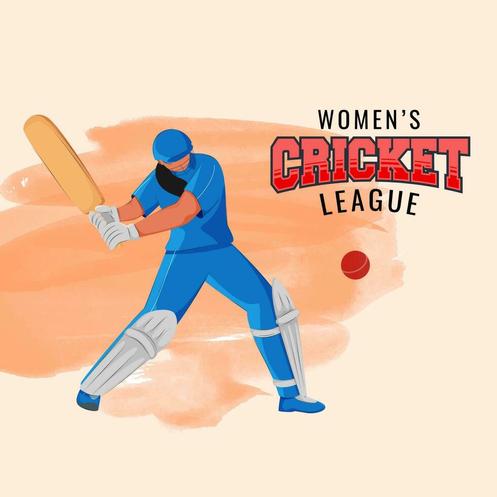 Women's Cricket League Concept With Female Batter Player Hitting The Ball On Orange Background. vector