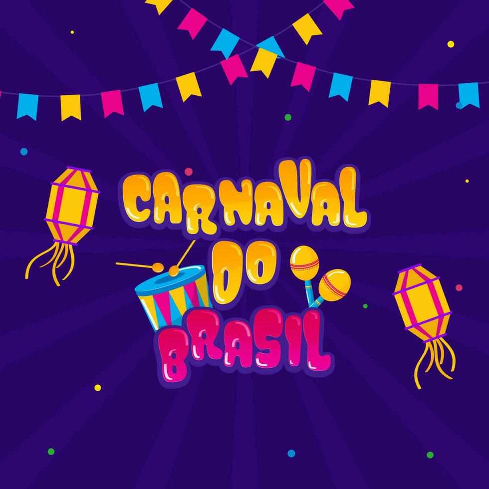 pegatina estilo Brasil carnaval carnaval hacer brasil fuente escrito en portugués idioma con linternas y verderón banderas en Violeta rayos antecedentes. vector