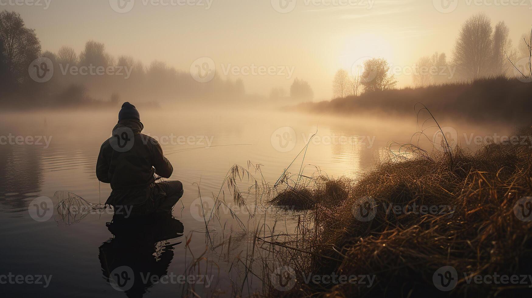 Fisherman with rod, spinning reel on the river bank. Sunrise. Fog against the backdrop of lake. background Misty morning. wild nature. The concept of a rural getaway, photo