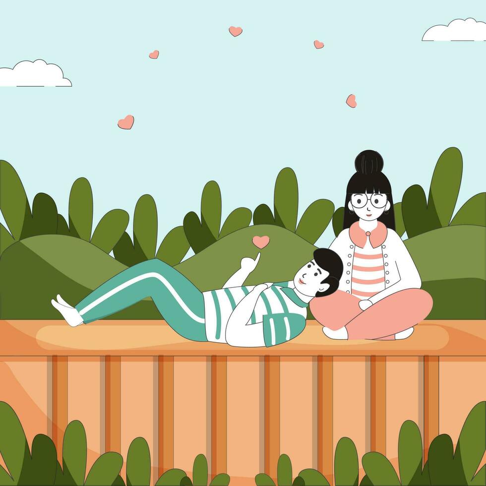 Vector Illustration Of Young Boy Lying On His Girlfriend Lap Against Natural Background For Love Or Romantic Concept.