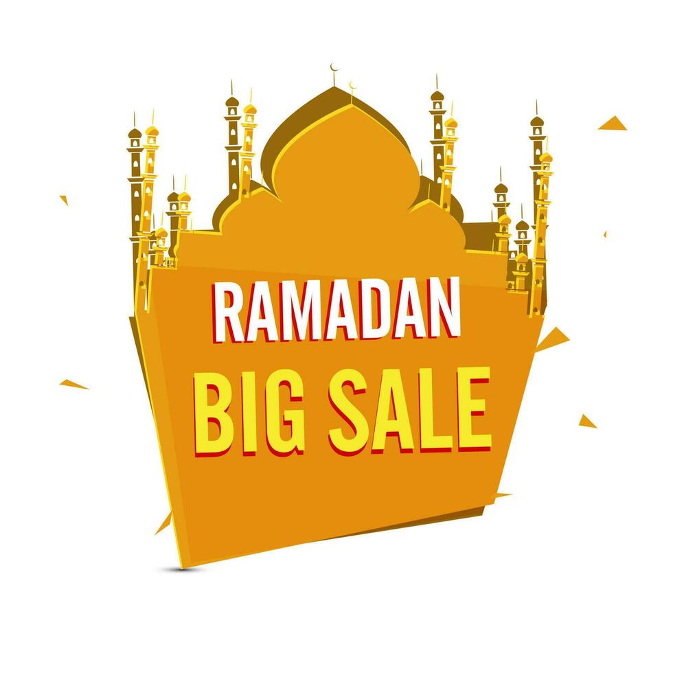 Ramadán grande rebaja póster diseño con naranja mezquita etiqueta en blanco antecedentes. vector