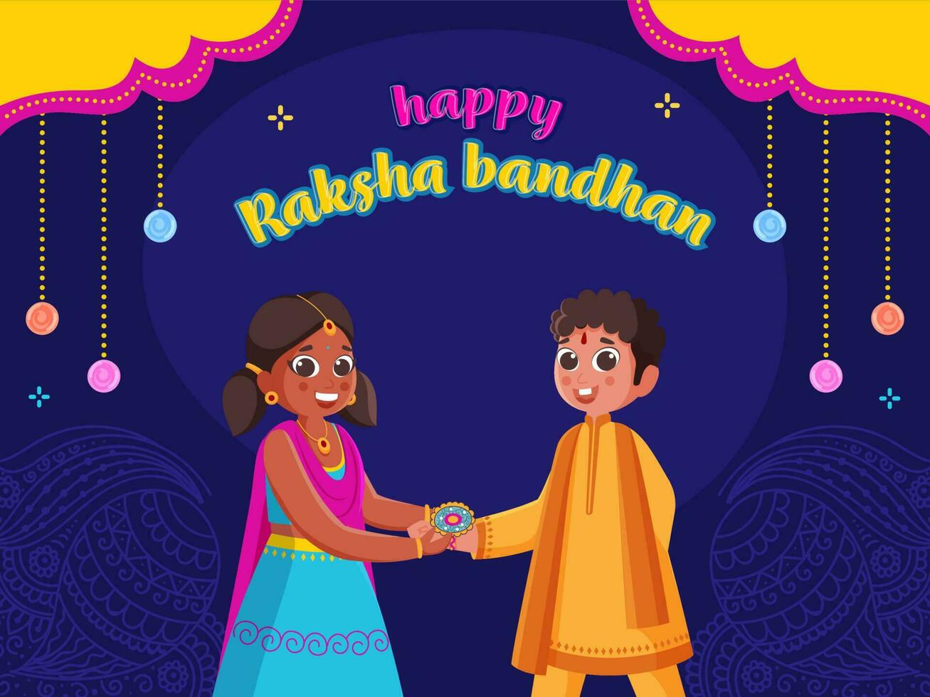 pegatina estilo contento raksha Bandhan fuente con alegre hermana atadura rakhi a su hermano en Violeta y amarillo antecedentes. vector