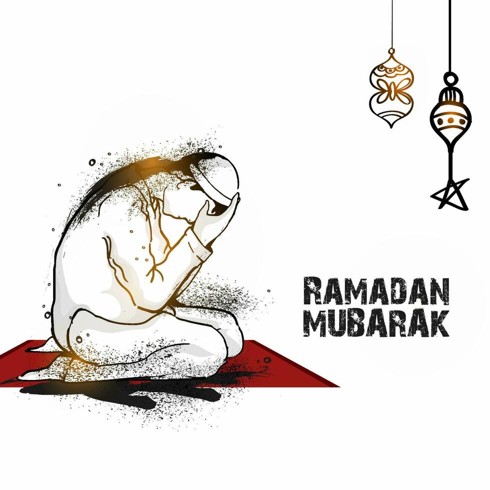 Ramadan Mubarak Greeting Card With Graffiti Spray Effect Islamic Man Offering Namaz Prayer At Mat And Doodle Lanterns Hang On White Background. vector