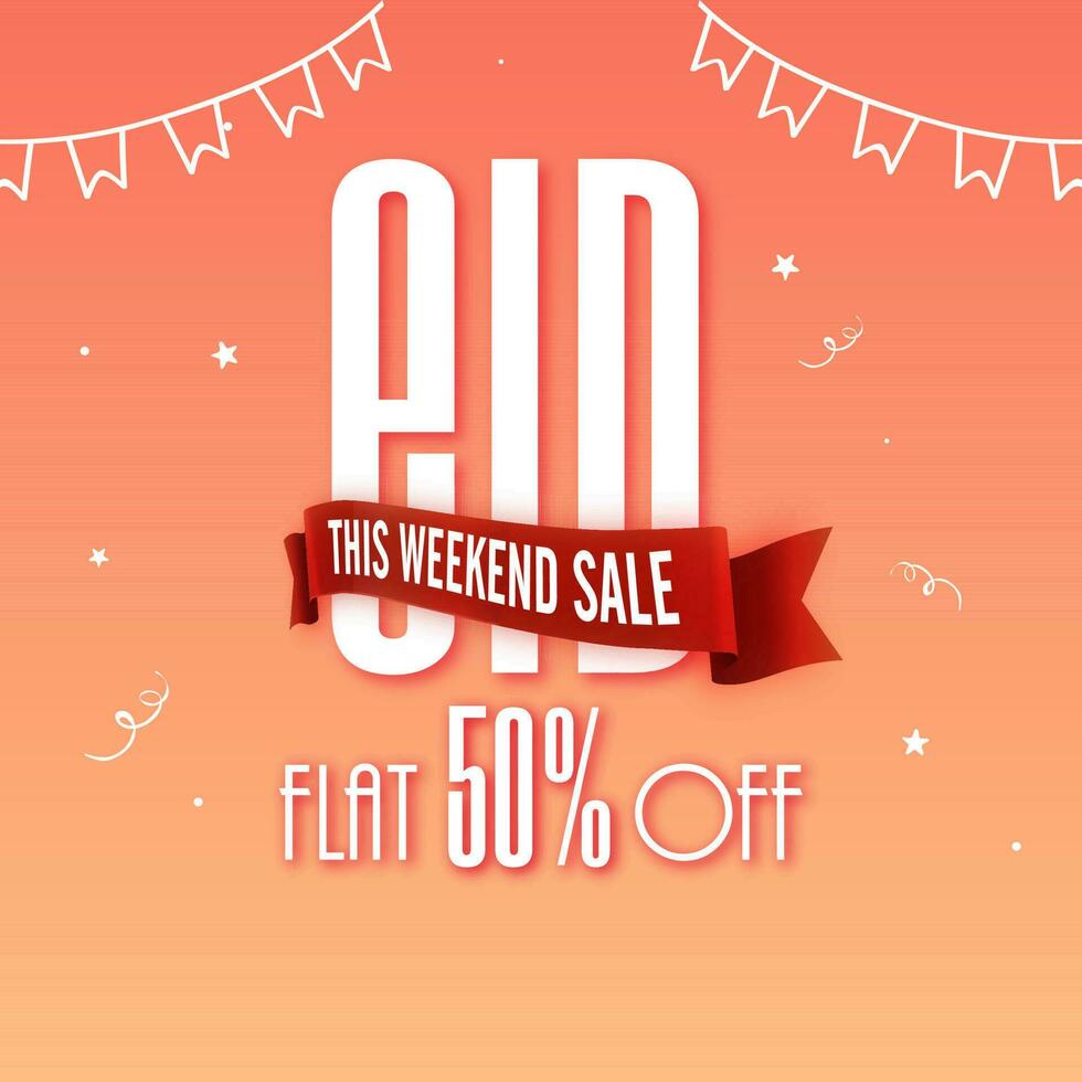 Eid Weekend Sale Poster Design With Discount Offer And Bunting On Gradient Orange Background. vector