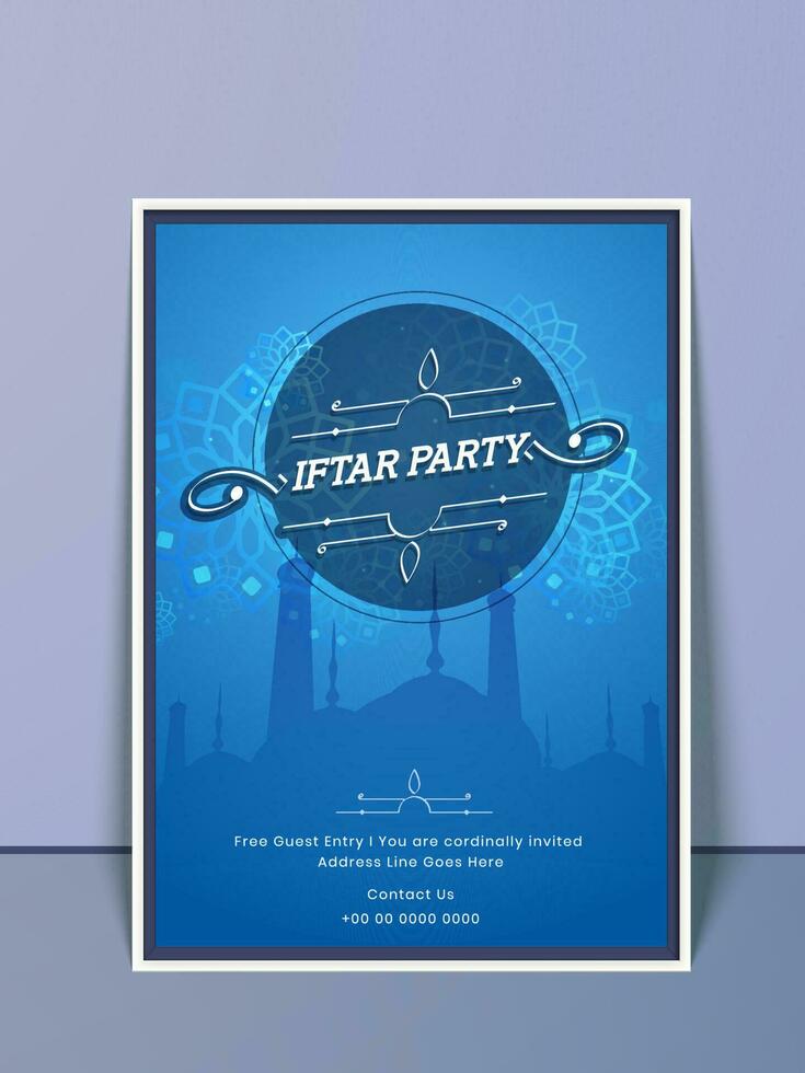 iftar fiesta invitación tarjeta con silueta mezquita en azul color. vector