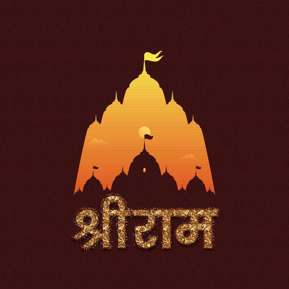 Illustration Of Glossy Text Shri Ram Lord Rama Written in Hindi Language With temple On Red Backgrounds. vector