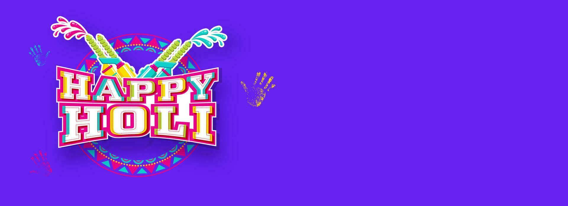 Sticker Style Happy Holi Font With Splashing Color Guns  And Handprints On Violet Background. Banner Or Header Design. vector