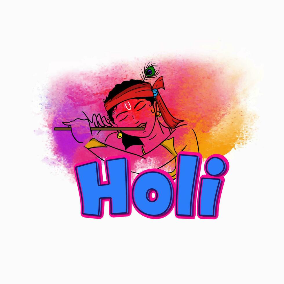 Indian Festival Of Colours, Holi Celebration Concept With Lord Krishna Playing Flute And Color Splash On White Background. vector