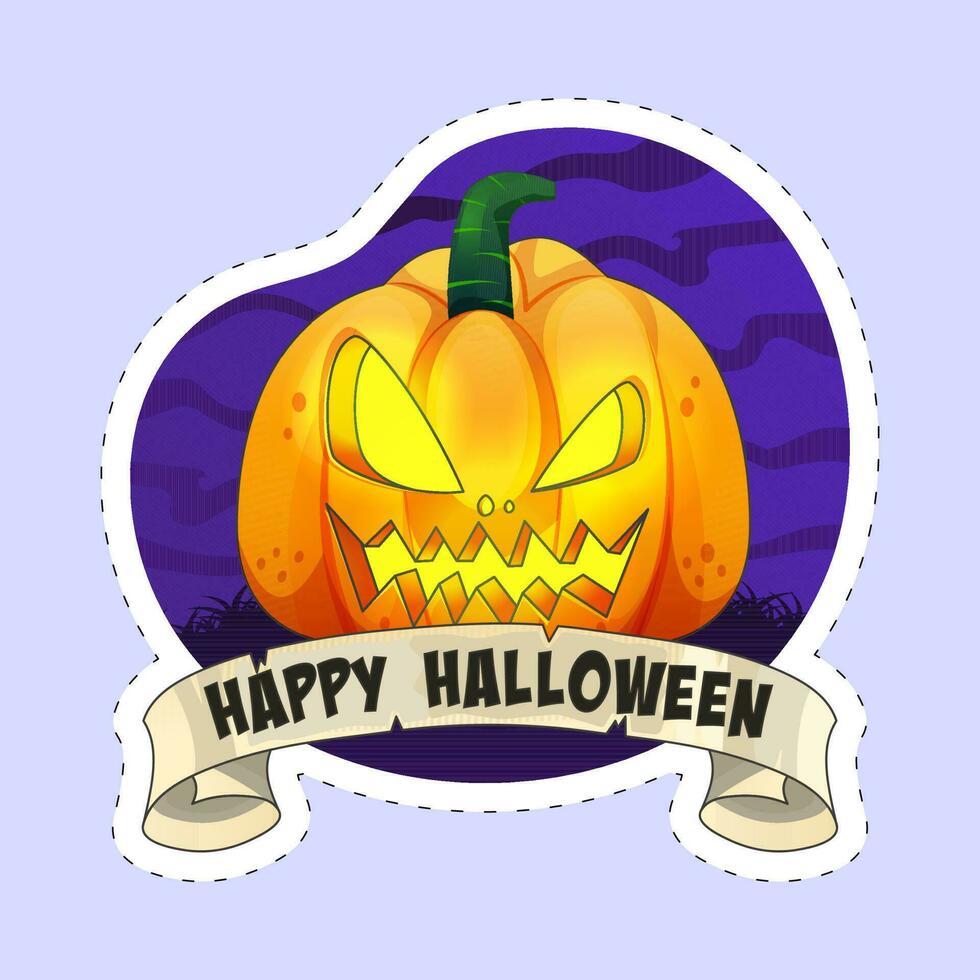 Sticker Style Happy Halloween Font With Jack-O-Lantern On Violet And Blue Background. vector