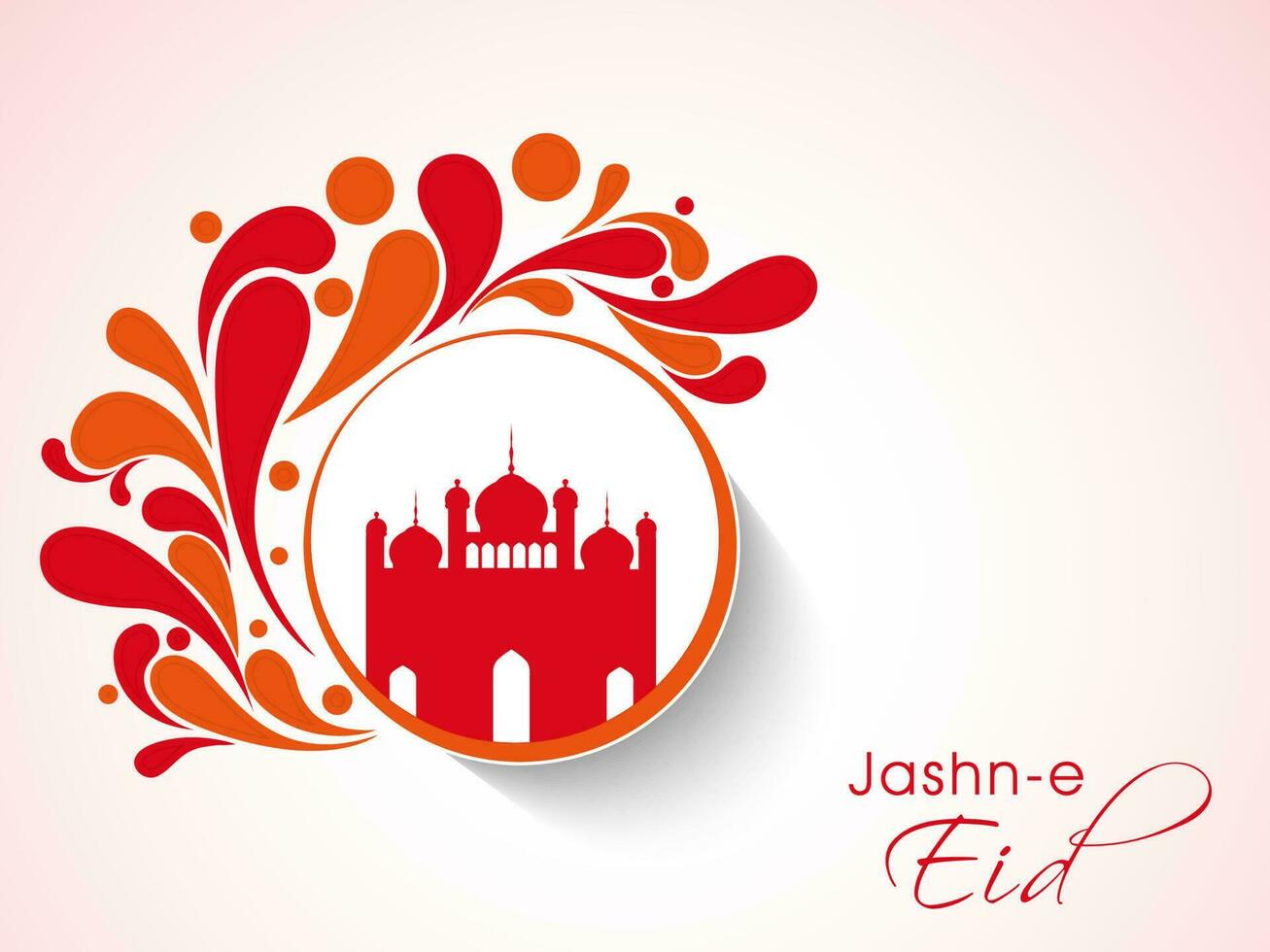 Jashn-E-Eid Celebration Concept With Red Silhouette Mosque And Paisley Arc Drops On Glossy Light Pink Background. vector