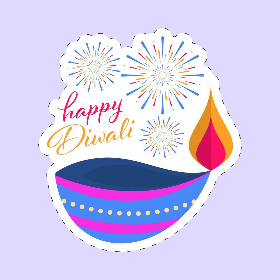 Sticker Style Happy Diwali Font With Lit Oil Lamp  And Fireworks On Pastel Violet Background. vector