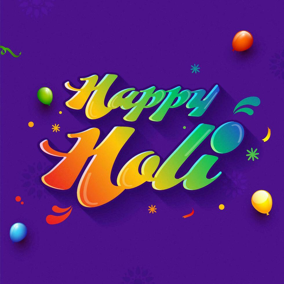 Glossy Gradient Happy Holi Font With Color Balloons And Arc Drops On Purple Background. vector