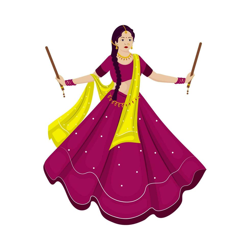 Beautiful Indian Young Woman Playing Dandiya In Traditional Attire On White Background. vector