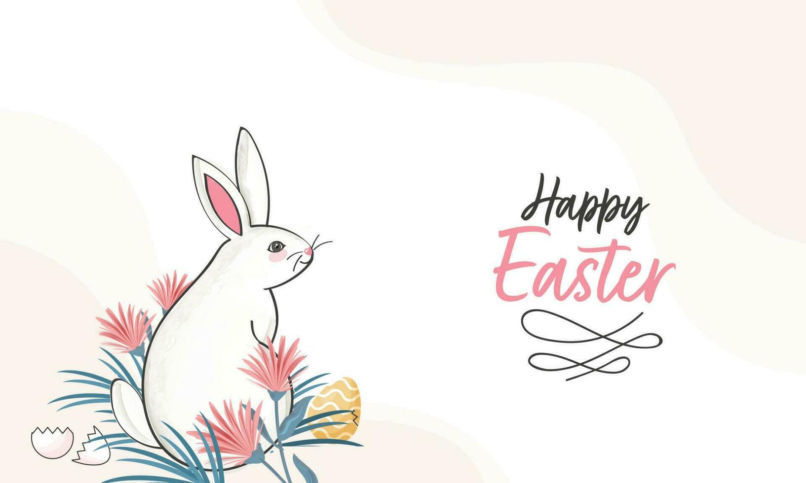 Happy Easter Banner Design With Doodle Rabbit Sitting, Eggs And Floral On White Background. vector