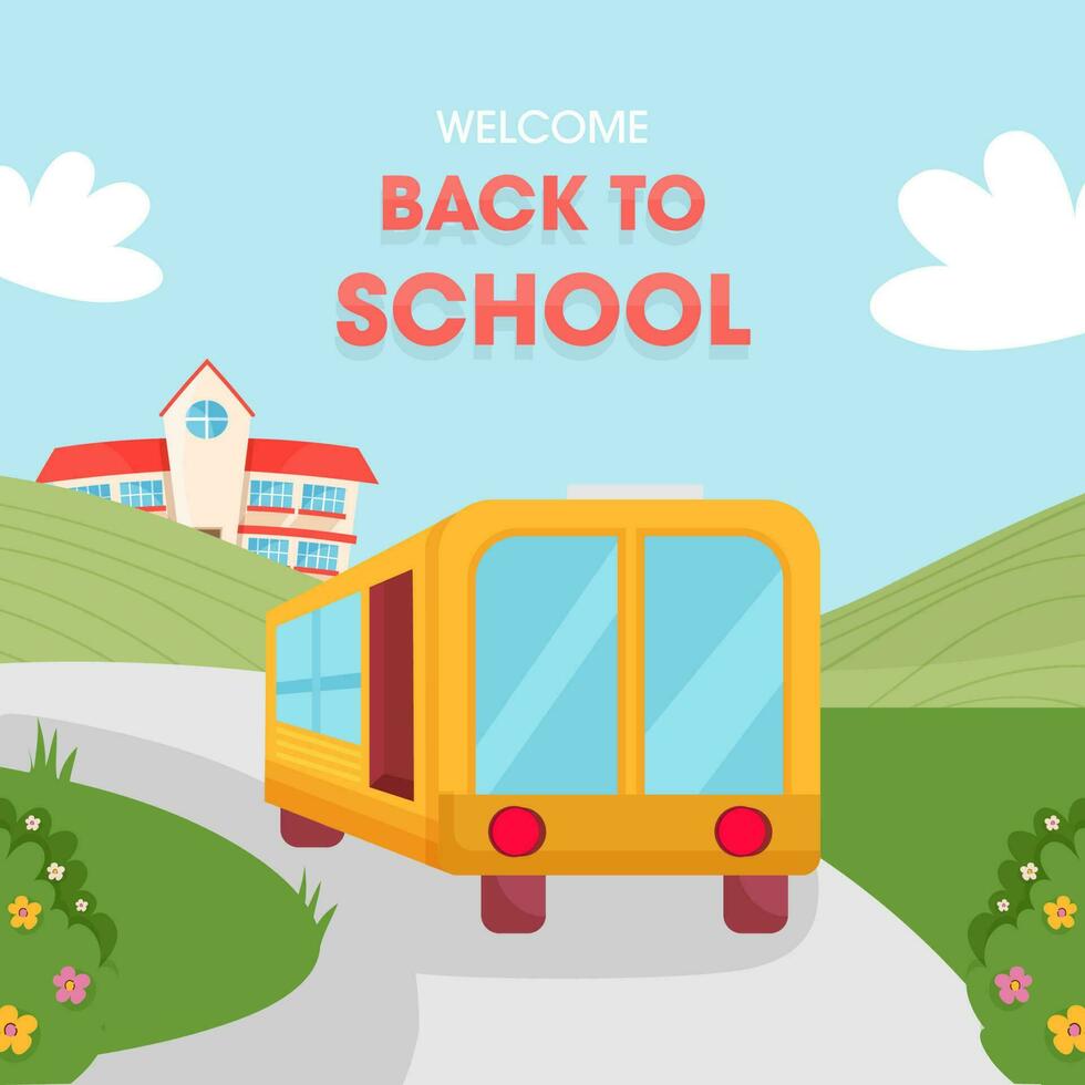 Back to school banner with school and school bus for invitation, poster, banner, promotion sale etc. School supplies cartoon illustration. vector