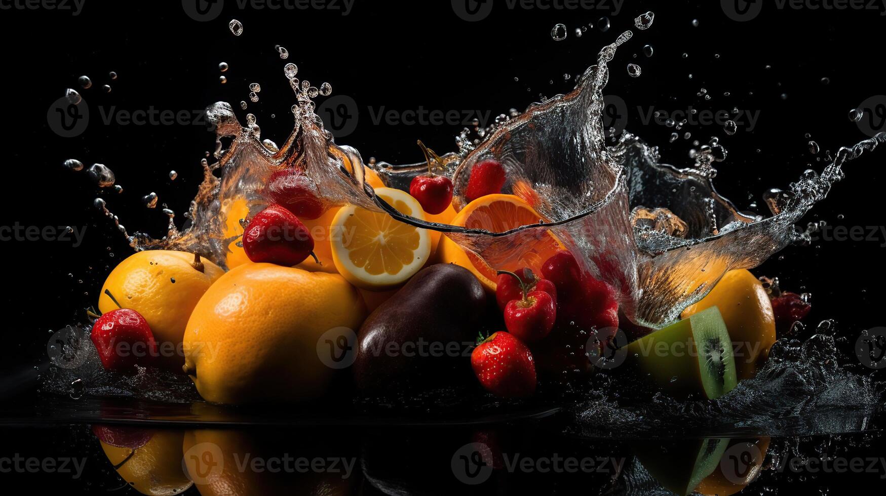 Fruits on black background with water splash, photo
