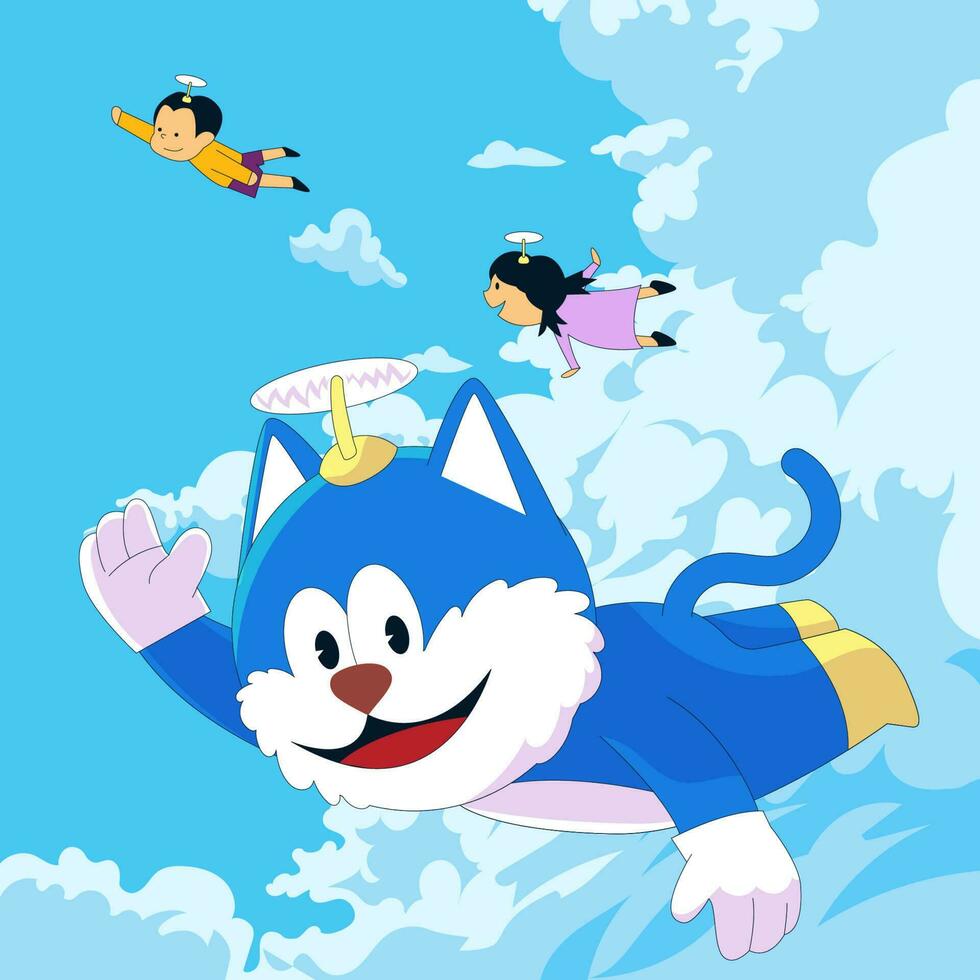Blue Cat Cartoon Flying In The Sky vector