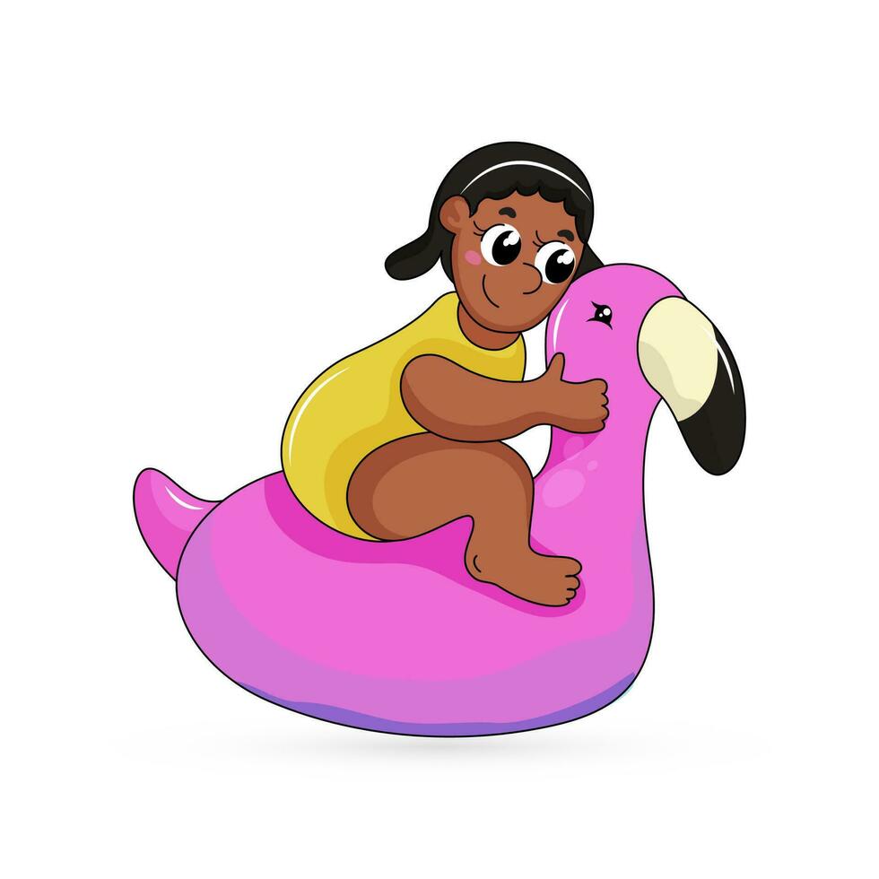 Cartoon Little Girl Riding At Duck Toy Against White Background. vector