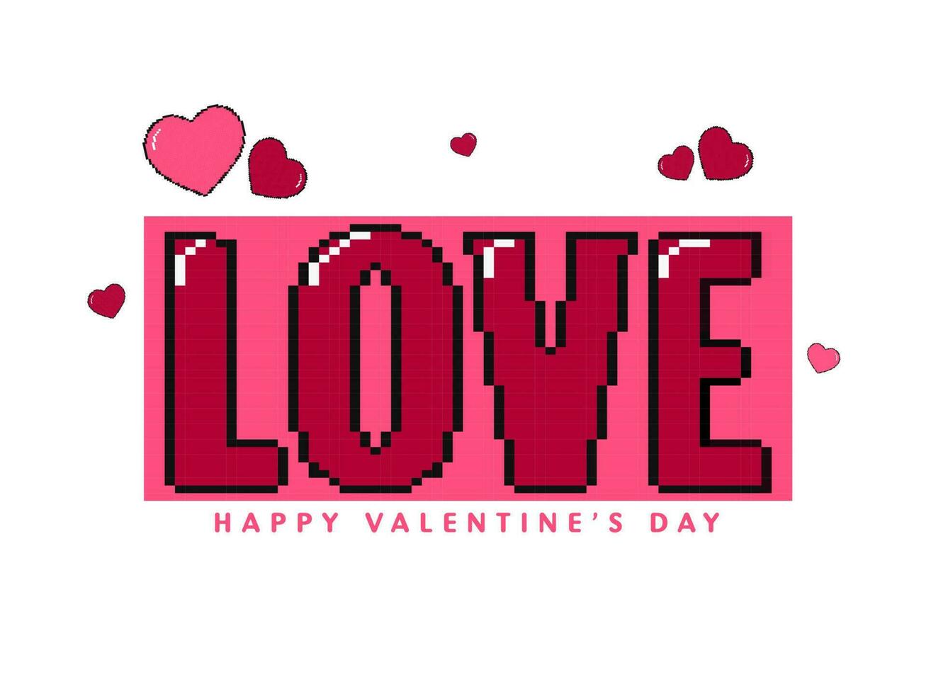 Pixel Love Font With Hearts On White Background. Happy Valentine's Day Greeting Card. vector
