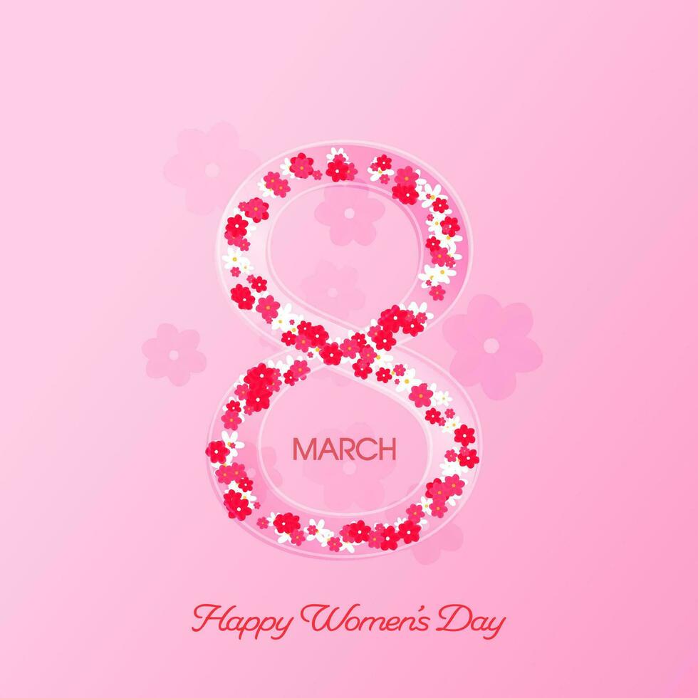 March Of 8 Number Made By Flowers On Pink Background For Happy Women's Day Concept. vector