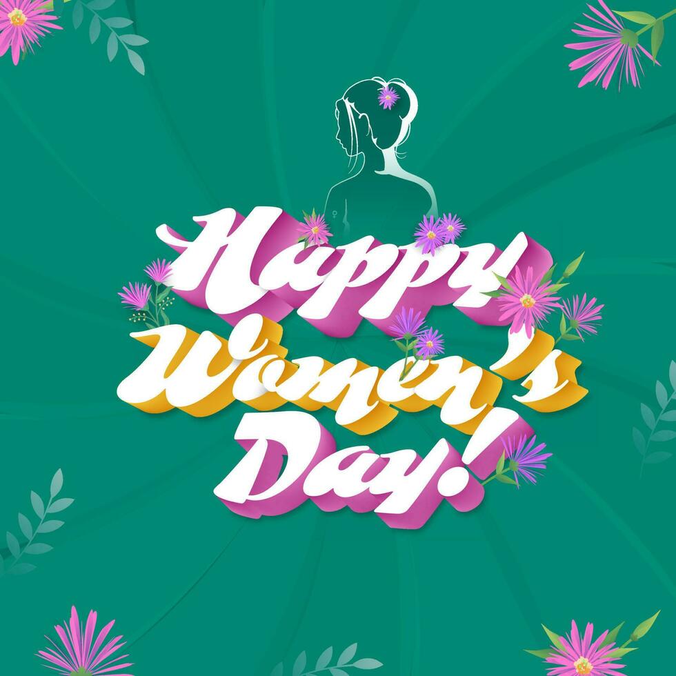 3D Blend Happy Women's Day Font Decorated With Flowers, Leaves On Green Swirl Rays Background. vector