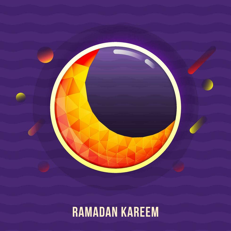Orange Polygon Crescent Moon On Purple Wavy Stripe Background For Ramadan Kareem Concept. vector