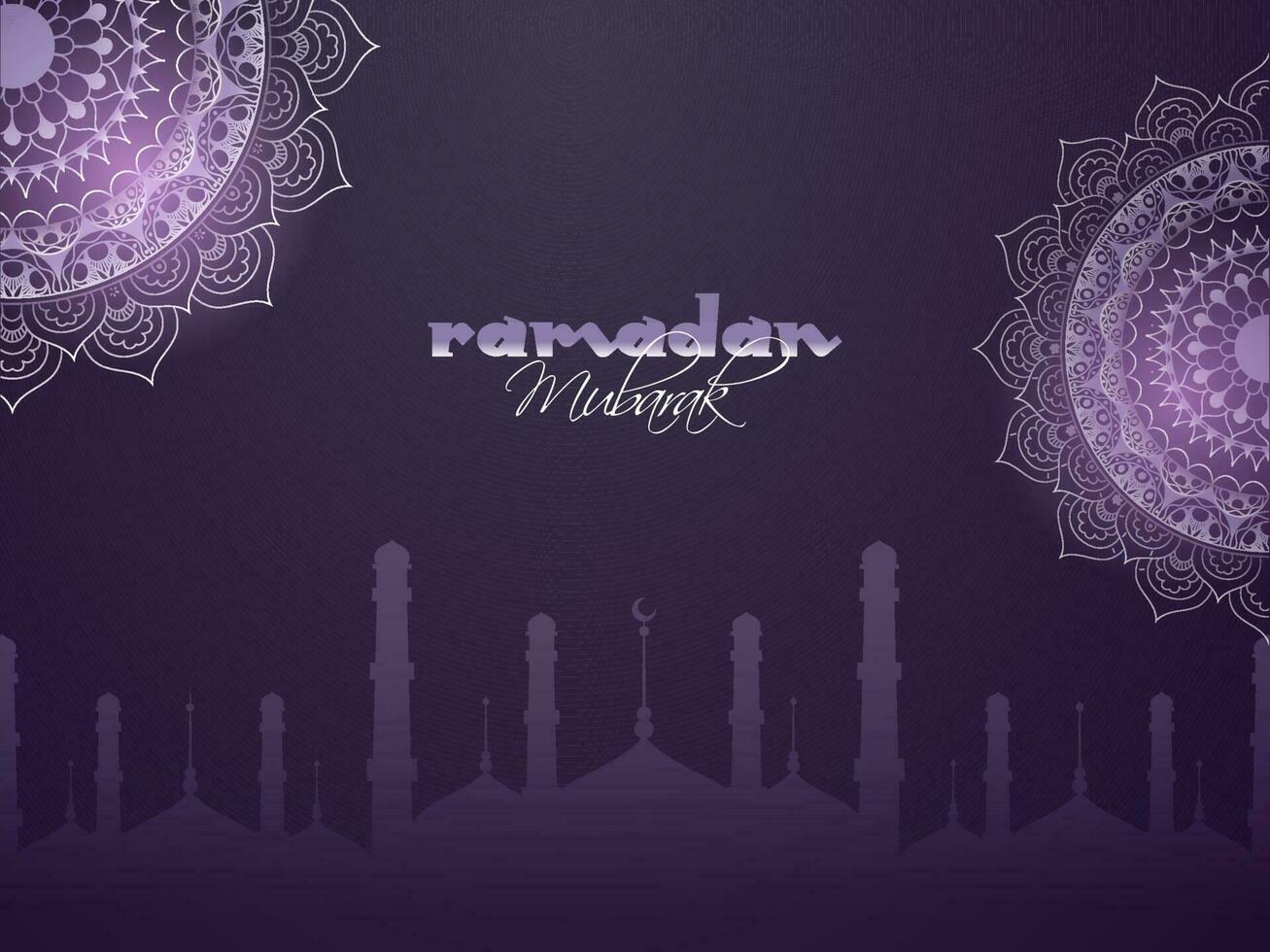 Ramadan Mubarak Font And Exquisite Mandala On Purple Silhouette Mosque Background. vector