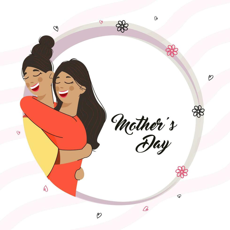 Mother's Day Greeting Card With Cheerful Lady Hugging Her Daughter On White Background. vector