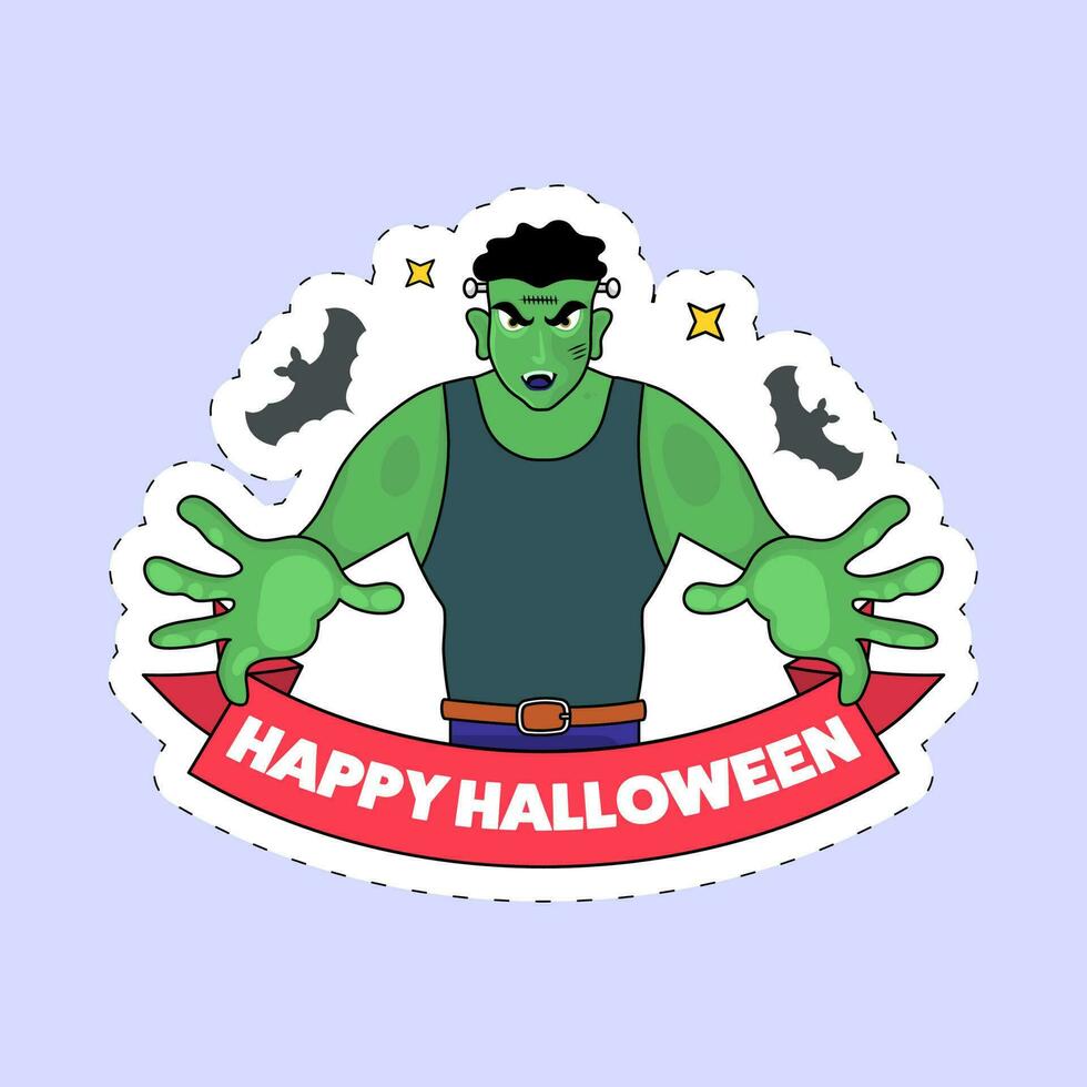 Sticker Style Happy Halloween Font With Cartoon Zombie Man And Flying Bats On Blue Background. vector