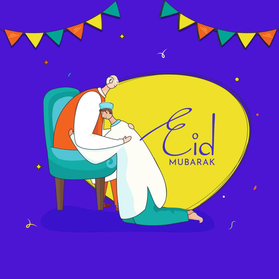 Vector Illustration Of Islamic Young Man Hugging His Father Sitting At Chair On Yellow And Violet Background For Eid Mubarak Concept.