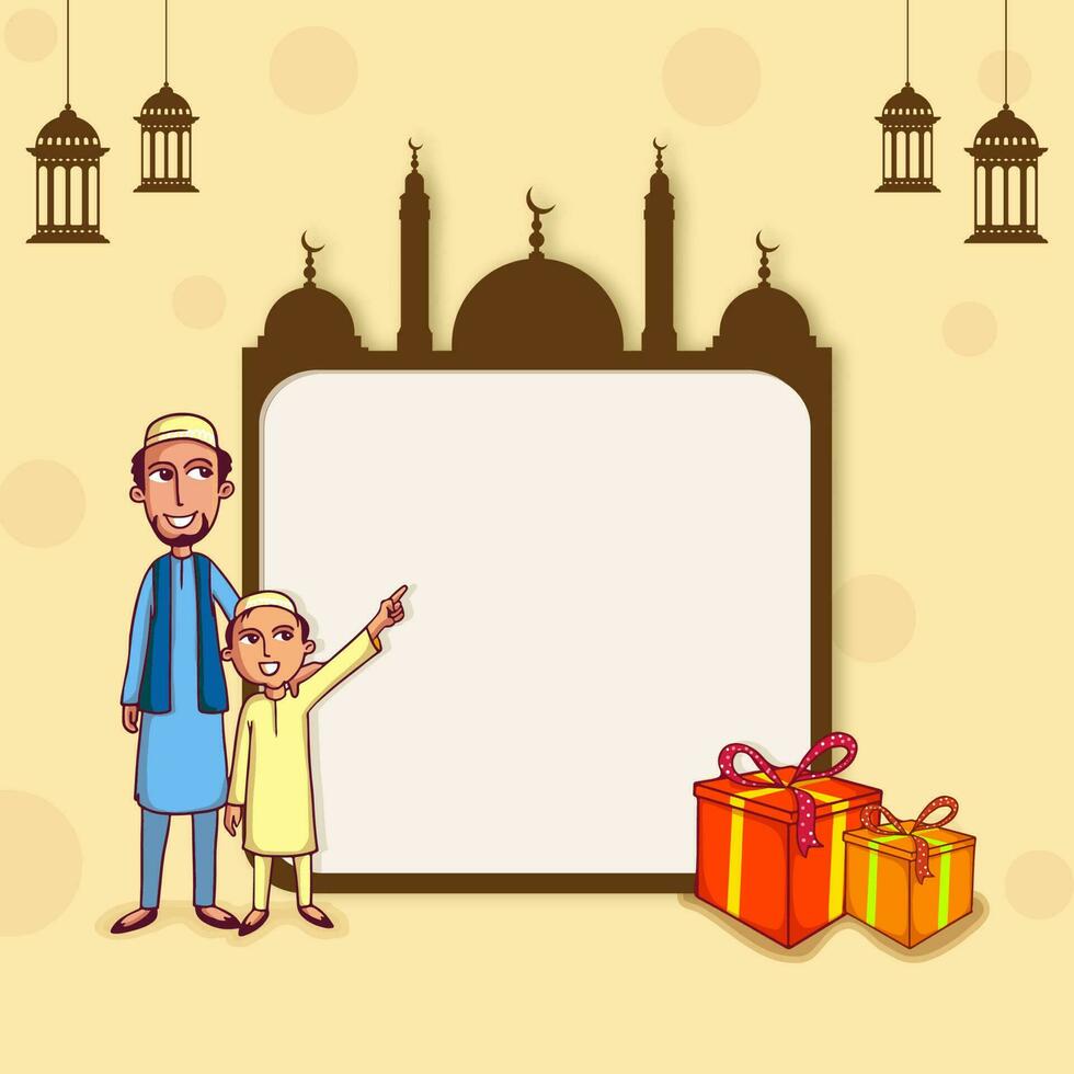 Religious Islamic Man With His Son Standing Together, Gift Boxes, Silhouette Mosque, Lanterns Hang And Copy Space On Pastel Orange Background For Muslim Community Festival Concept. vector
