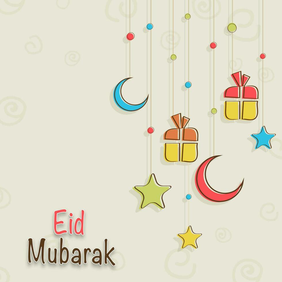 Sticker Style Eid Mubarak Font With Crescent Moon, Stars, Gift Boxes Hang Decorated On Beige Spiral Background. vector