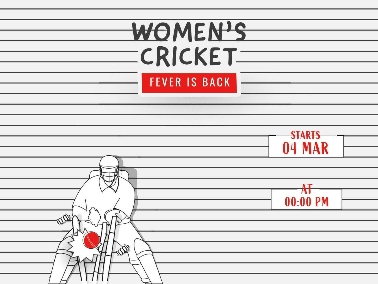 Women's Cricket Fever Is Back Font With Sticker Style Wicker Keeper Hit Ball To Stumps On White Horizontal Stripes Background. vector