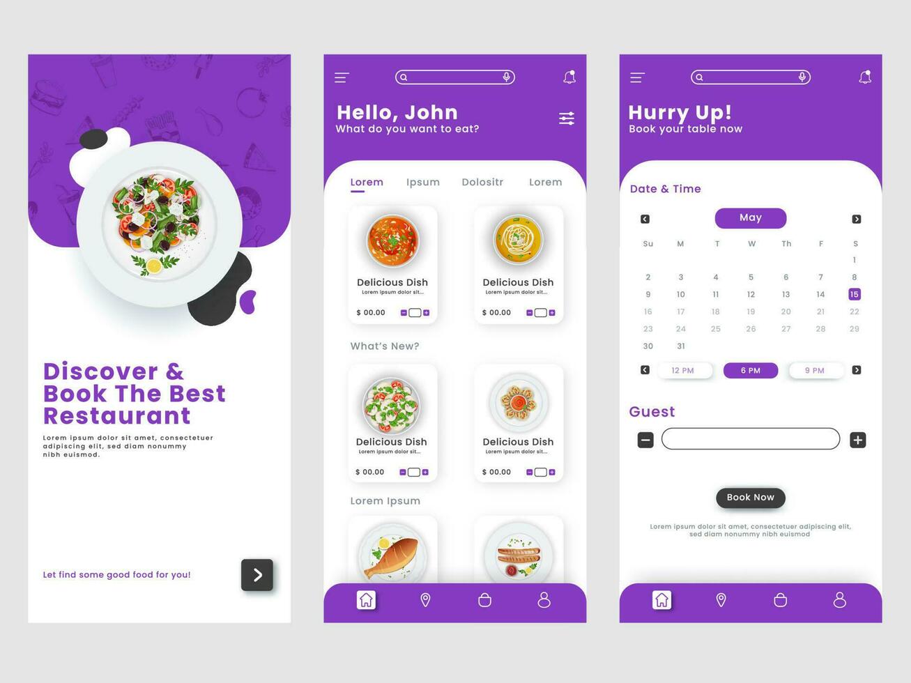 restaurante móvil aplicación ui, gui o chapoteo pantalla modelo acceso, menú, libro ahora para publicidad. vector