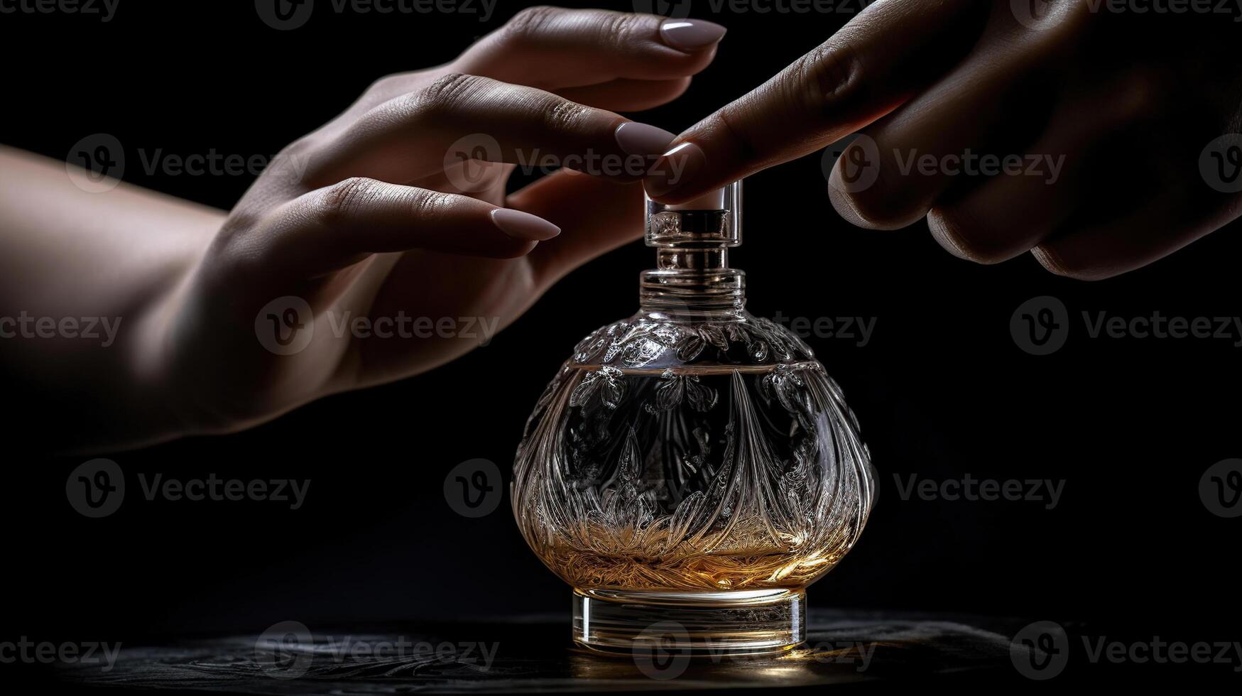 mujer pulverización lujo perfume en negro fondo, generativo ai foto