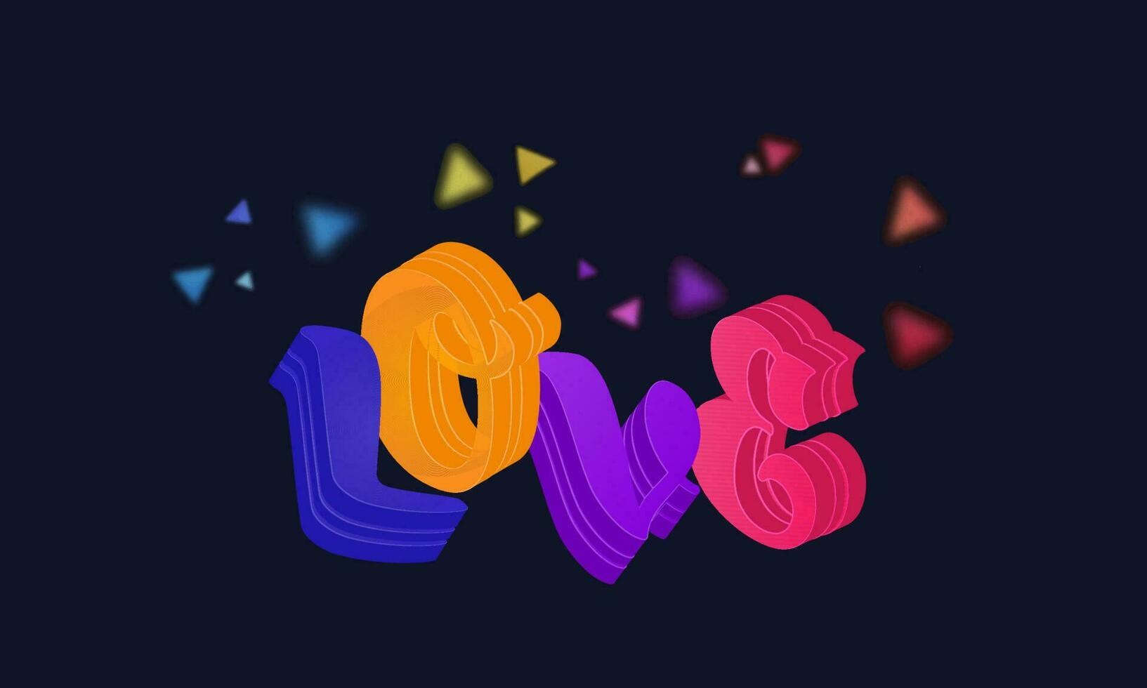 3D Colorful Love Text With Triangle Confetti On Dark Blue Background. vector