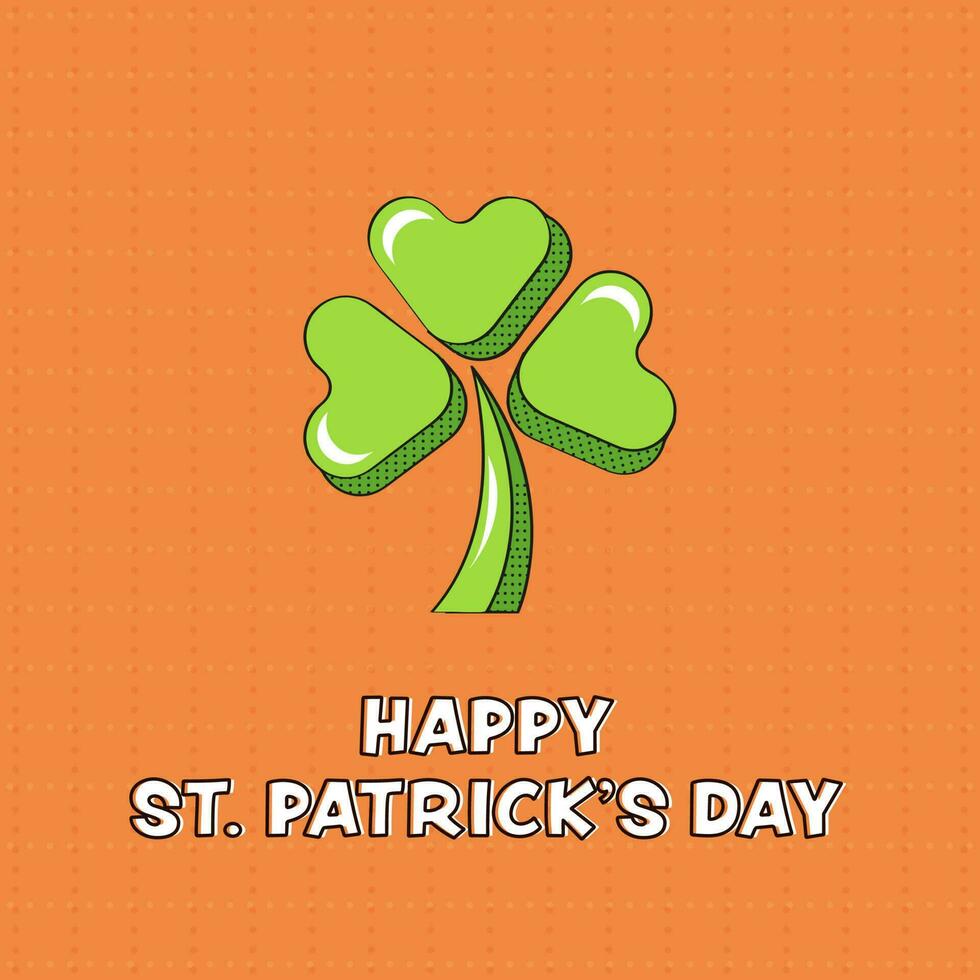 Happy St. Patrick's Day Font With Shamrock Leaf On Orange Dotted Grid Pattern Background. vector
