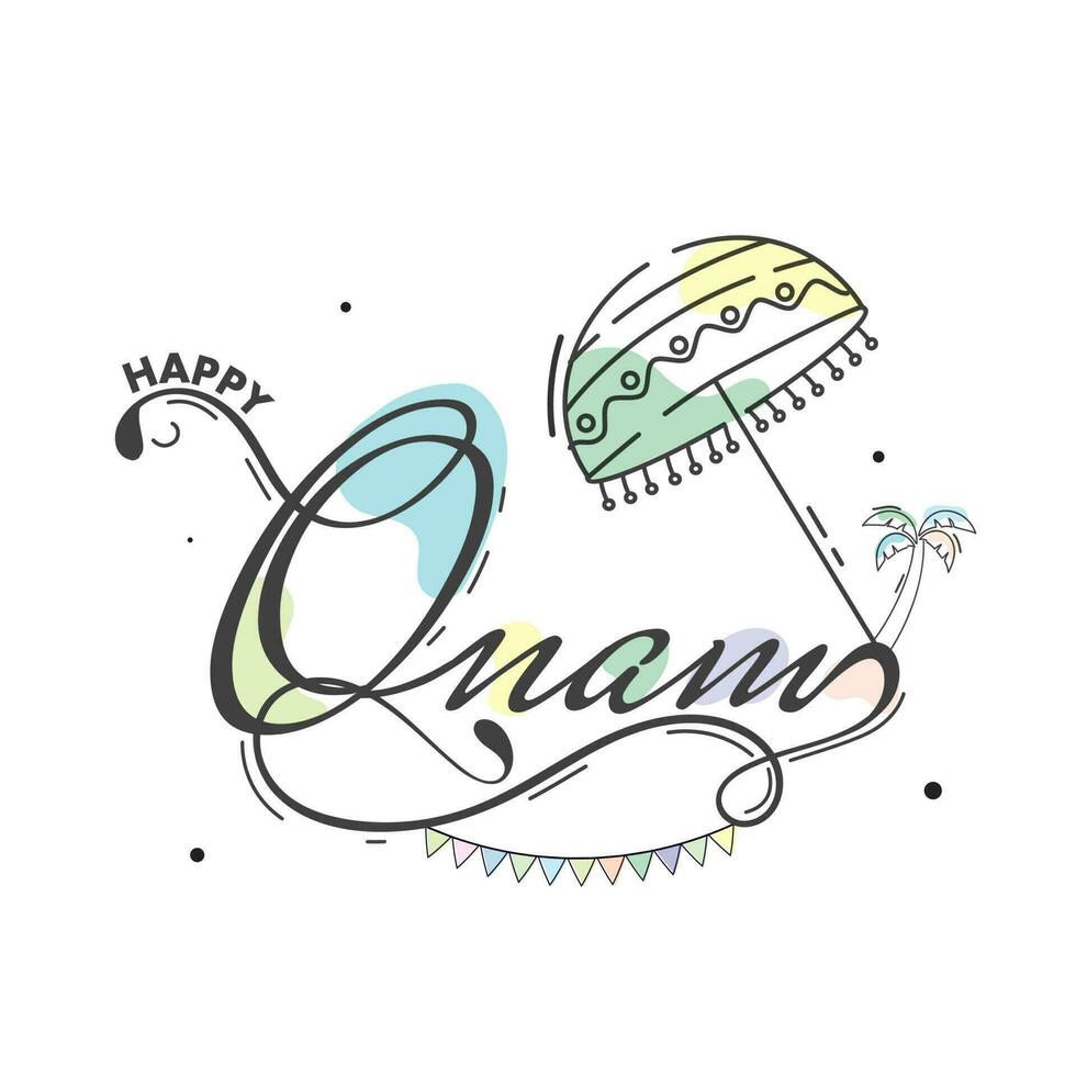Onam Lettering With Doodle Umbrella, Coconut Tree On White Background. vector